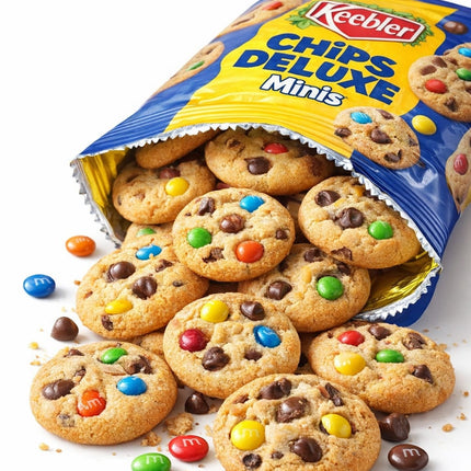 Keebler Chips Deluxe Minis, geöffnete Tüte mit Keksen und farbigen M&M’s