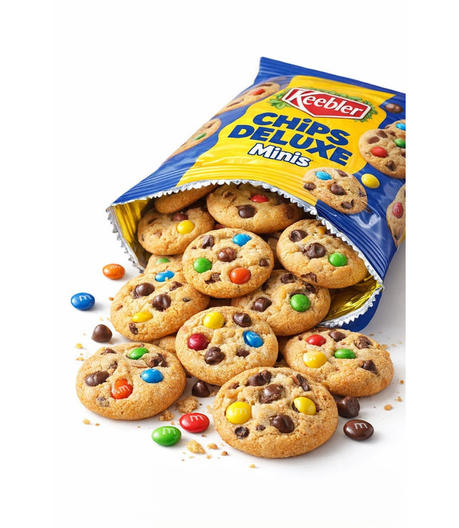 Keebler Chips Deluxe Minis, geöffnete Tüte mit Keksen und farbigen M&M’s