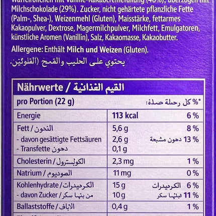Nahaufnahme: Nährwert- und Zutatenangaben auf einer violetten Schoko-Wafer-Packung