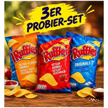 3er Probier-Set Ruffles: Käse/Zwiebel, Ketchup, Originals