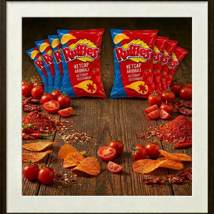 Ruffles Probier-Set im Bildrahmen: mehrere Ketchup- und Originals-Beutel