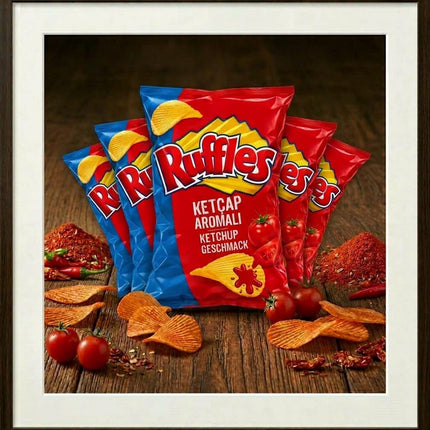 Ruffles Chips-Mix im Bildrahmen: mehrere Beutel Ketchup und Käse/ Zwiebel