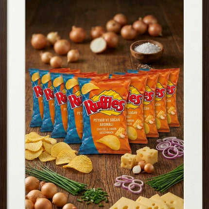 Ruffles Käse-und-Zwiebel Chips im Set: mehrere Beutel mit Chips und Käse