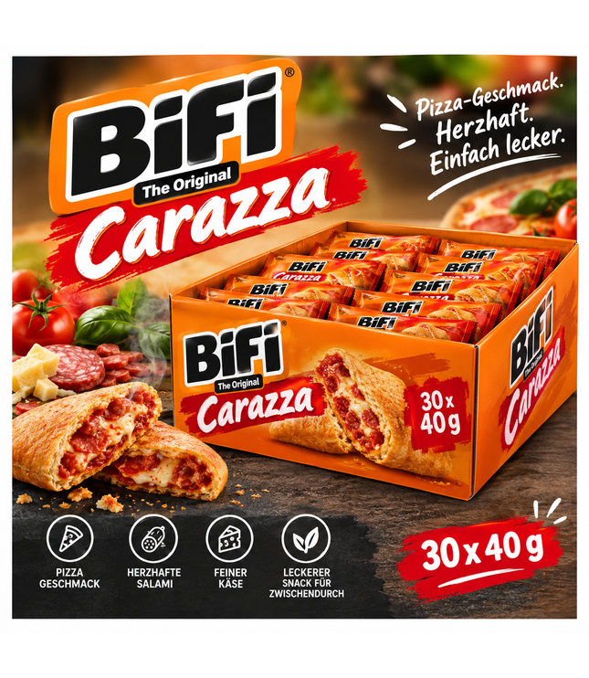 BIFI Carazza Pizza-Salami: orangefarbene Packung im Displaykarton