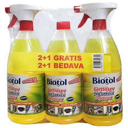 Biotol Fettlöser-Spray: 3 gelbe Sprühflaschen mit rotem Zerstäuber, je 1000 ml