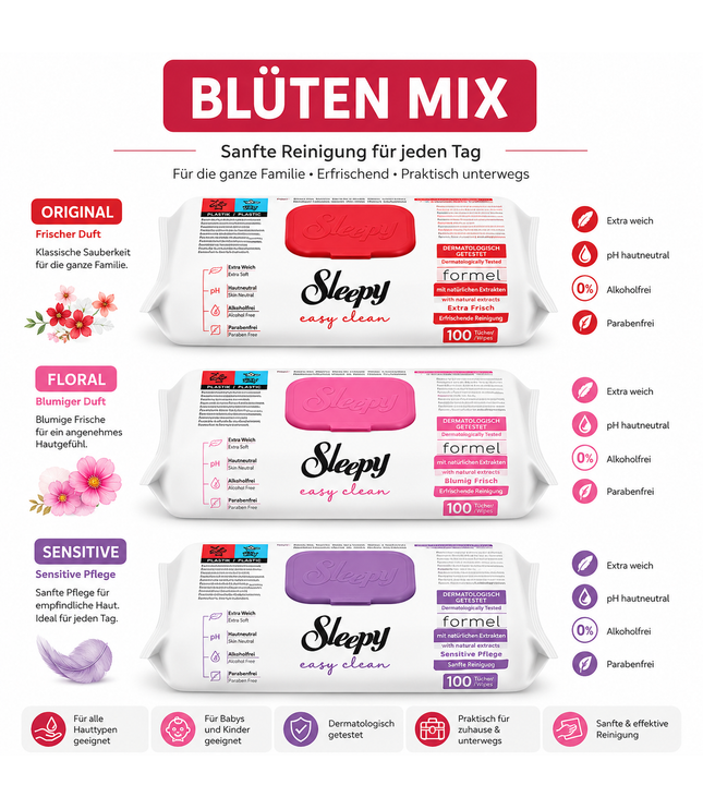 Oberflächenreinigungstücher-Packungen im Blüten-Mix, drei Sorten (frisch, sensitiv, floral)