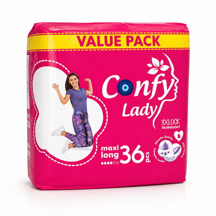 Damenbinden-Packung, Confy Lady maxi long, 36 Stück, pinkfarben, Value Pack