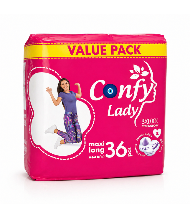 Damenbinden-Packung, Confy Lady maxi long, 36 Stück, pinkfarben, Value Pack