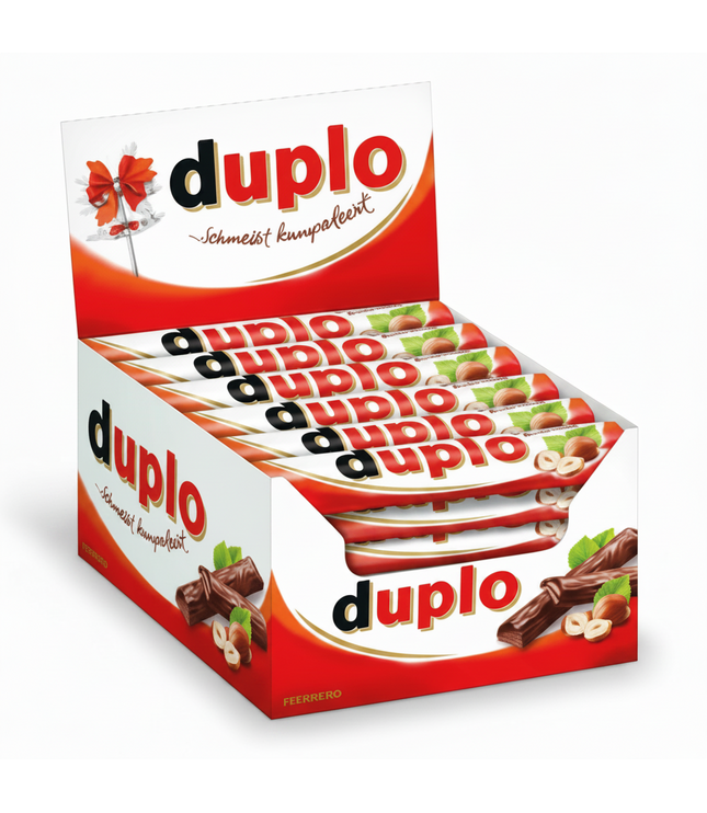 duplo Schokoriegel in Umverpackung, mehrere Einzelriegel mit Nuss- und Kakaomotiv