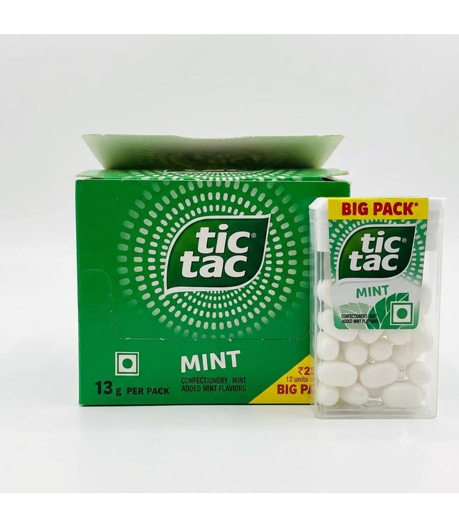 Tic Tac Mint Minze Bonbons: grüner Karton mit 13g Perlen und transparenter Big-Pack Tüte