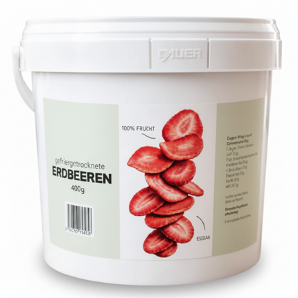 Dose mit gefriergetrockneten Erdbeeren, 400 g, rote Scheiben auf dem Etikett