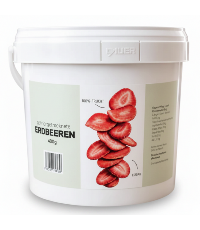 Dose mit gefriergetrockneten Erdbeeren, 400 g, rote Scheiben auf dem Etikett