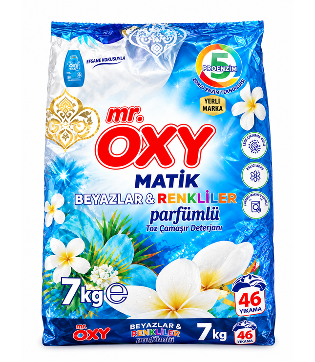 Mr. Oxy Matik Waschpulver, 7-kg-Packung, blau-weiß mit Duft-Logo