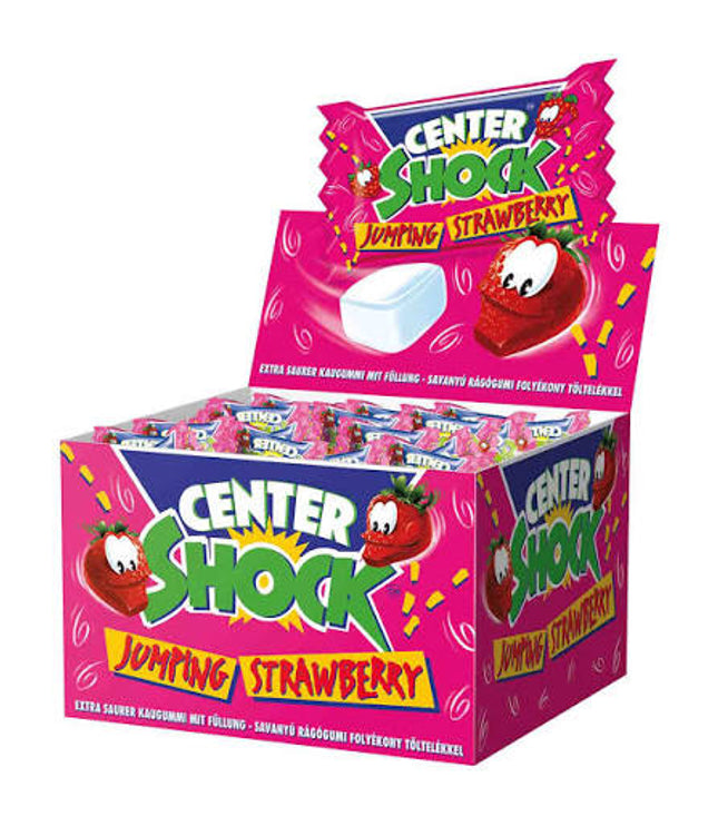 Center Shock Jumping Strawberry Bonbonpackung, pinke Schachtel mit Erdbeerfiguren