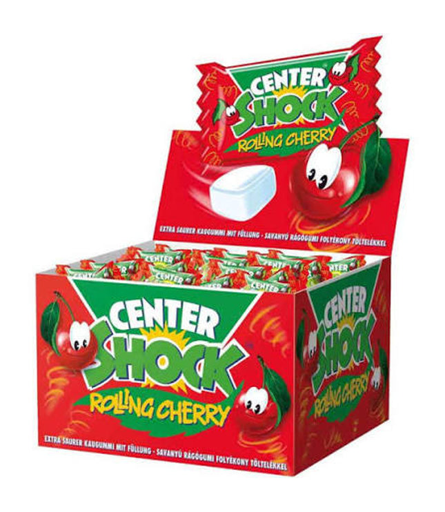 Center Shock Rolling Cherry Bonbonpackung, rote Schachtel mit Kirschen-Comic