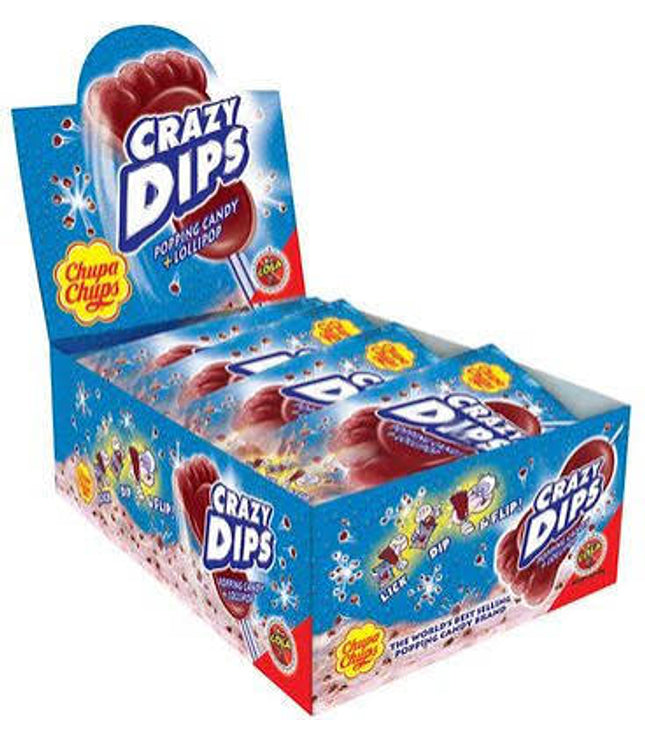 Chupa Chups Crazy Dips Verpackung blau mit Cola-Geschmack, Popping Candy