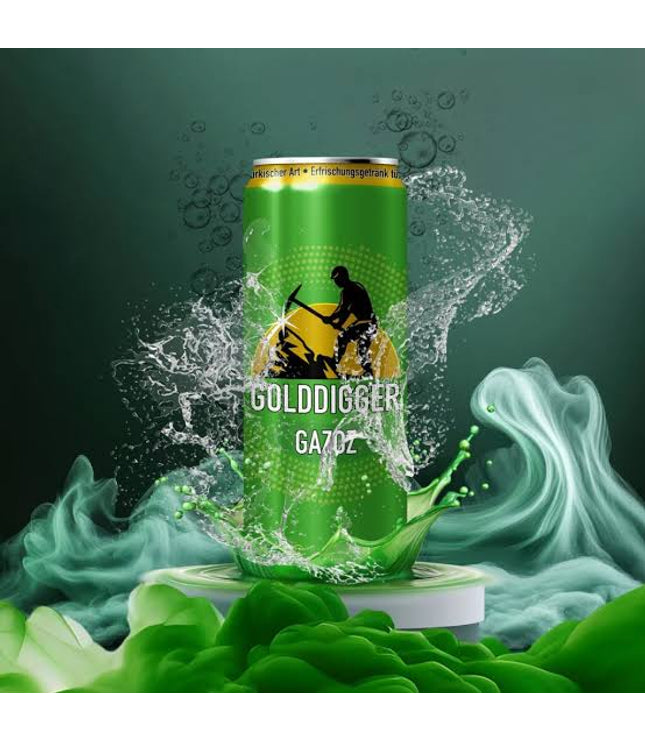Getränkedose Golddigger Gazoz, grün mit Gold-Illustration und Spritzmotiv, 330 ml