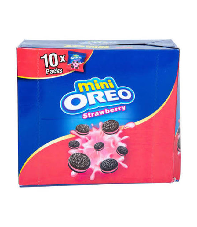 Oreo Mini Packung, 10er, Strawberry, blaue und rote Kartonbox mit Keksen und Füllung