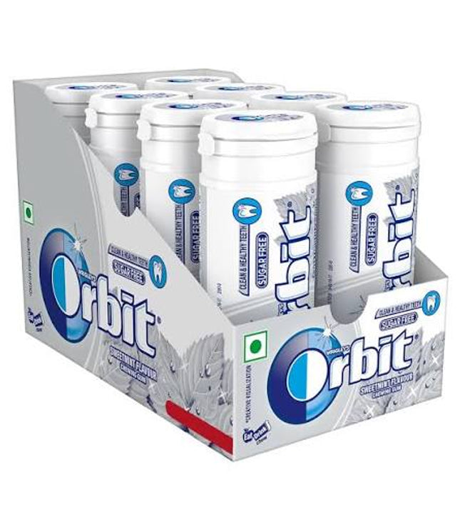 Orbit Sweetmint Kaugummi-Spender, Display mit mehreren weißen Dosen im Karton