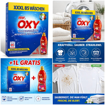 Blaues mr. OXY Vollwaschmittel: Packung und 1‑l Gratis-Flasche