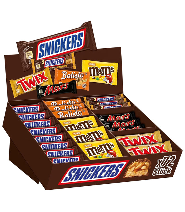 Mixed Schokoriegel-Box, geöffnet: Snickers-, Mars-, Balisto- und Twix-Riegel