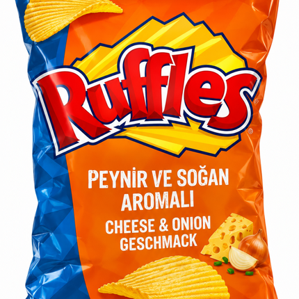 Ruffles Chipsbeutel mit Käse-und-Zwiebel-Geschmack, orange/blau