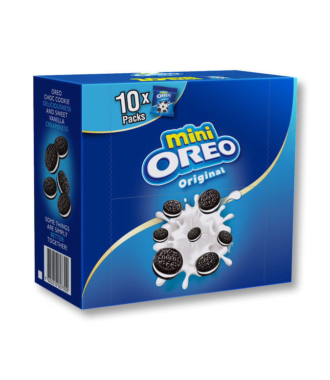 Oreo Mini Packung, 10er, Originalgeschmack, blaue Kartonbox mit Keksen und Milchcreme