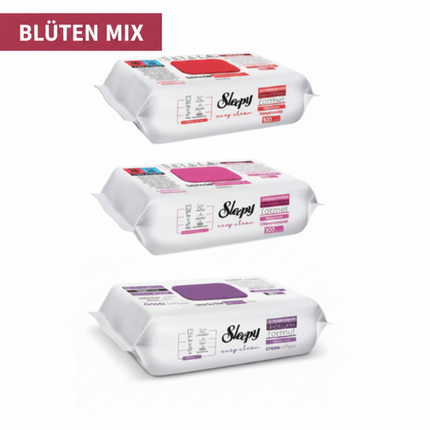 Sleepy Oberflächenreinigungstücher Blüten Mix, weiße Packung mit lila Etikett