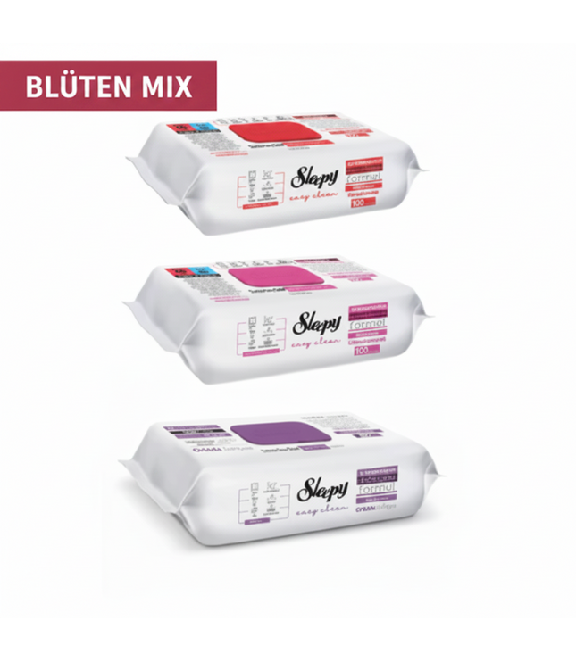 Sleepy Oberflächenreinigungstücher Blüten Mix, weiße Packung mit lila Etikett