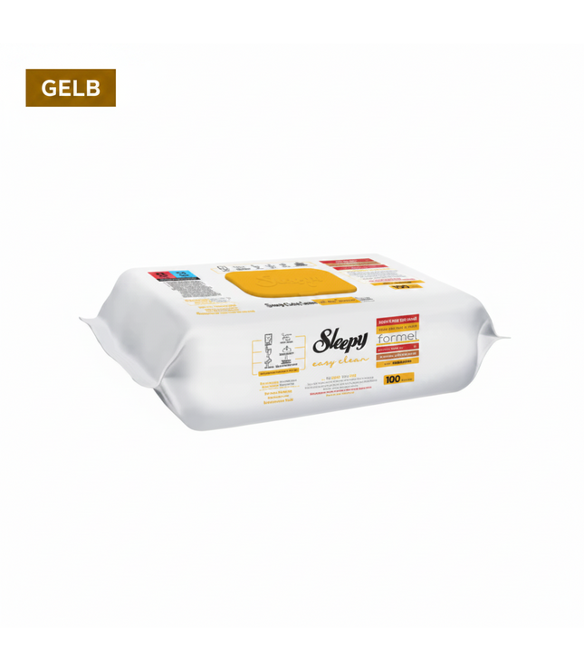 Oberflächenreinigungstücher-Pack mit gelber Lasche auf weißer Verpackung