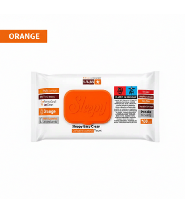 Oberflächenreinigungstücher-Packung mit orangefarbenem Frontaufdruck auf weißer Hülle