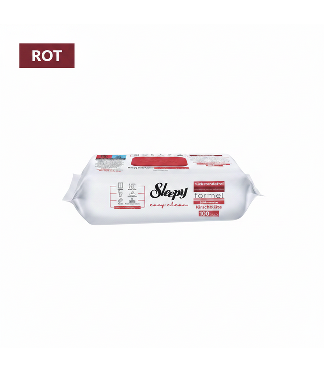Reinigungstücher-Packung in rotem Design, weiße Tücher in Folienverpackung