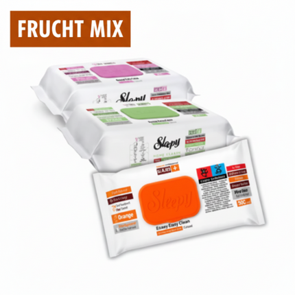 Oberflächenreinigungstücher von Sleepy im weißen Beutel mit orangefarbenem Frucht-Mix-Aufdruck