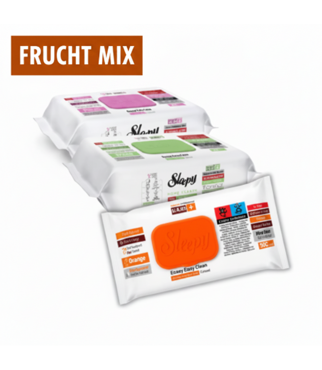Oberflächenreinigungstücher von Sleepy im weißen Beutel mit orangefarbenem Frucht-Mix-Aufdruck