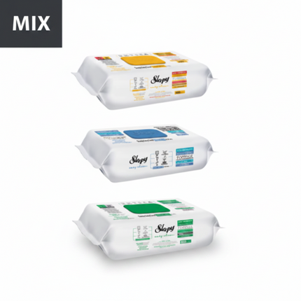 Oberflächenreinigungstücher-Packung im Mix: drei Beutel mit weißen Tüchern