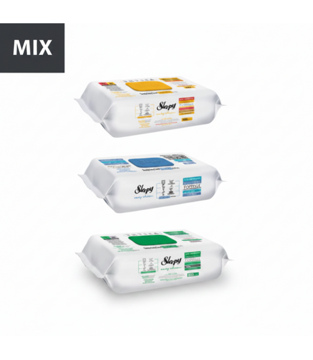 Oberflächenreinigungstücher-Packung im Mix: drei Beutel mit weißen Tüchern