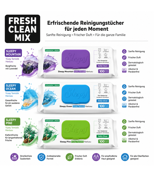 Reinigungstücher-Set für Oberflächen Fresch Clean Mix mit 3 Duftvarianten
