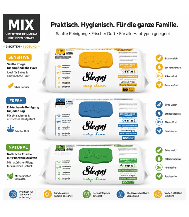 Sleepy Easy Clean Reinigungstücher Mix-Pack mit 3 Sorten (sensibel, fresh, natural)