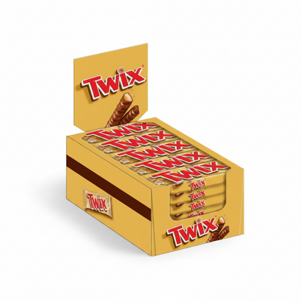 Twix Riegel Multipack in goldener Kartonpackung mit mehreren Schokoriegeln