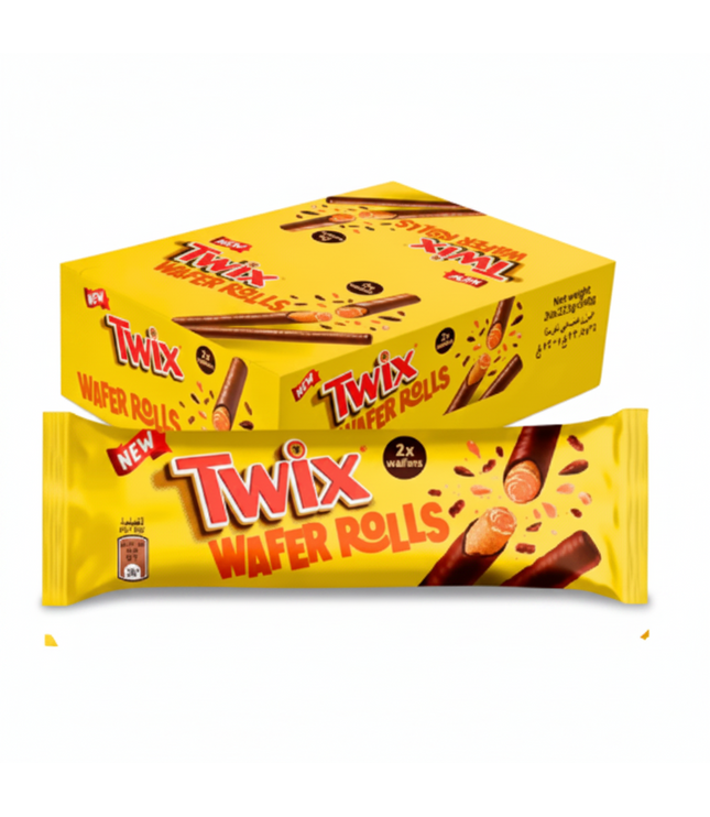 Twix Waffel-Rollen Packung und Karton, gelb-braun mit Schoko-Optik